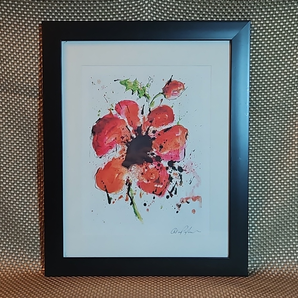 Vibrant Abstract Floral Print Signed Framed and Matted 12 1/2 x 15 1/2